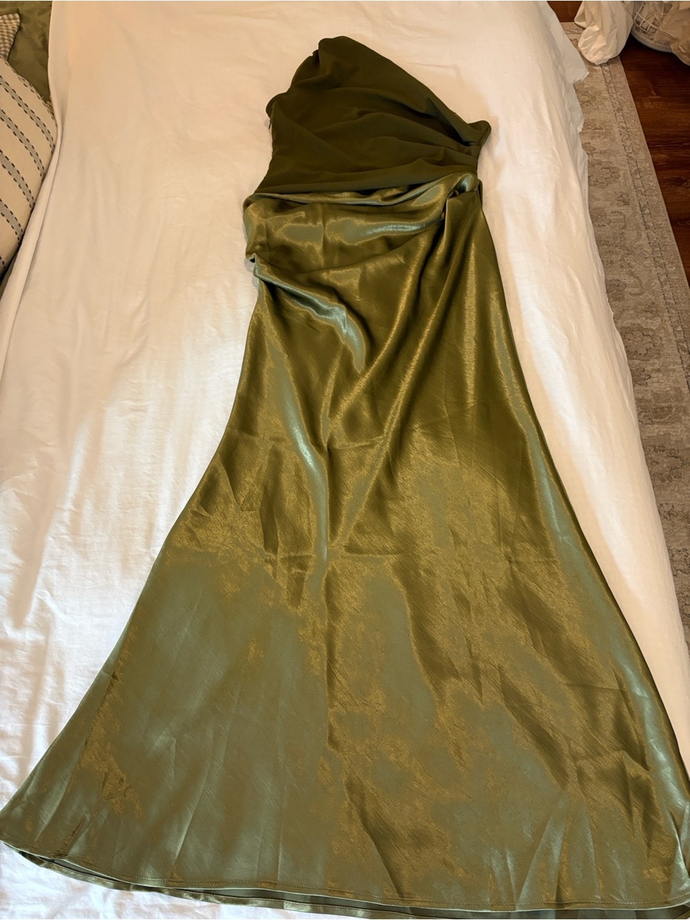 NEVER WORN Olive Green Satin Long Dress, XL - Picture 6 of 6